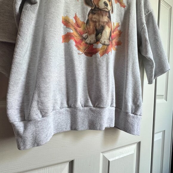 Vintage Women's Large Fall Puppy Sweatshirt Leaves Gray Cut Cropped Sleeve - Picture 8 of 11